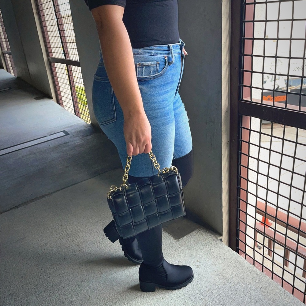 Over The Knee Low Heel Lug Sole Boots black